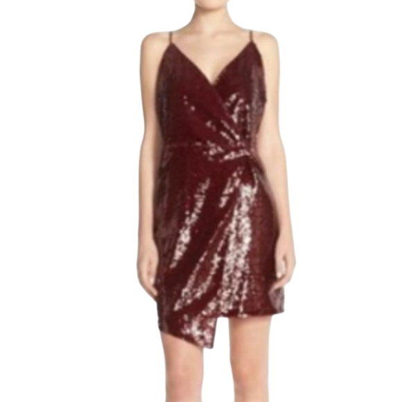 Adelyn Rae Burgundy Sequin Mini Wrap Slip Party Showgirl Dress NWT Sz M - Picture 2 of 10